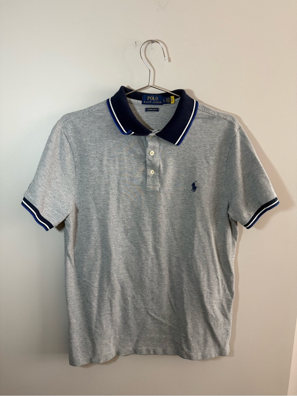 Polo Ralph Lauren Men's Heather Gray Polo with Navy Trim Slim Fit Classic